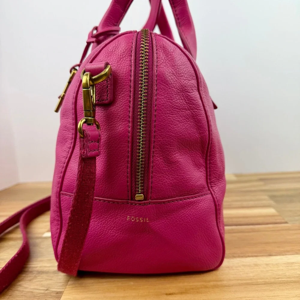 Fossil Jori Satchel Pink Berry Pebbled Leather Crossbody Shoulder Bag
